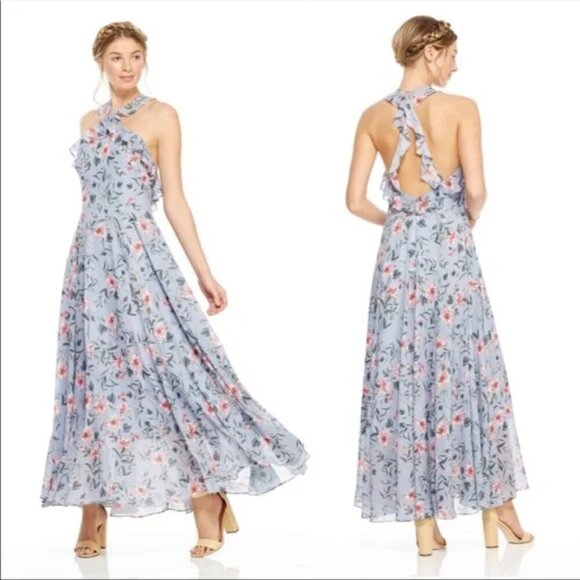 GAL MEETS GLAM Ella Halter Open Back Ruffle Maxi Dress Blue Floral Print Size 16 - Picture 1 of 11